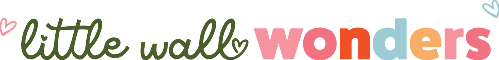 The text 'little wall wonders' is written in a playful multicolor font on a solid white background, with small heart and star accents in pink and blue.