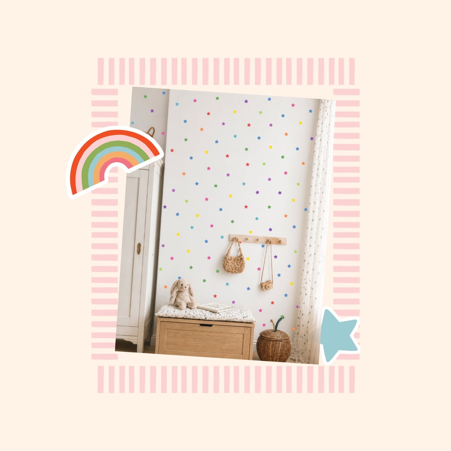 A styled interior scene showing a white wall covered in small multicolored polka dots, with a wooden changing bench, hanging bags, a small rug, and a curtain. The photo is framed by a pink striped border with decorative sticker-like accents, including a rainbow and a blue star.