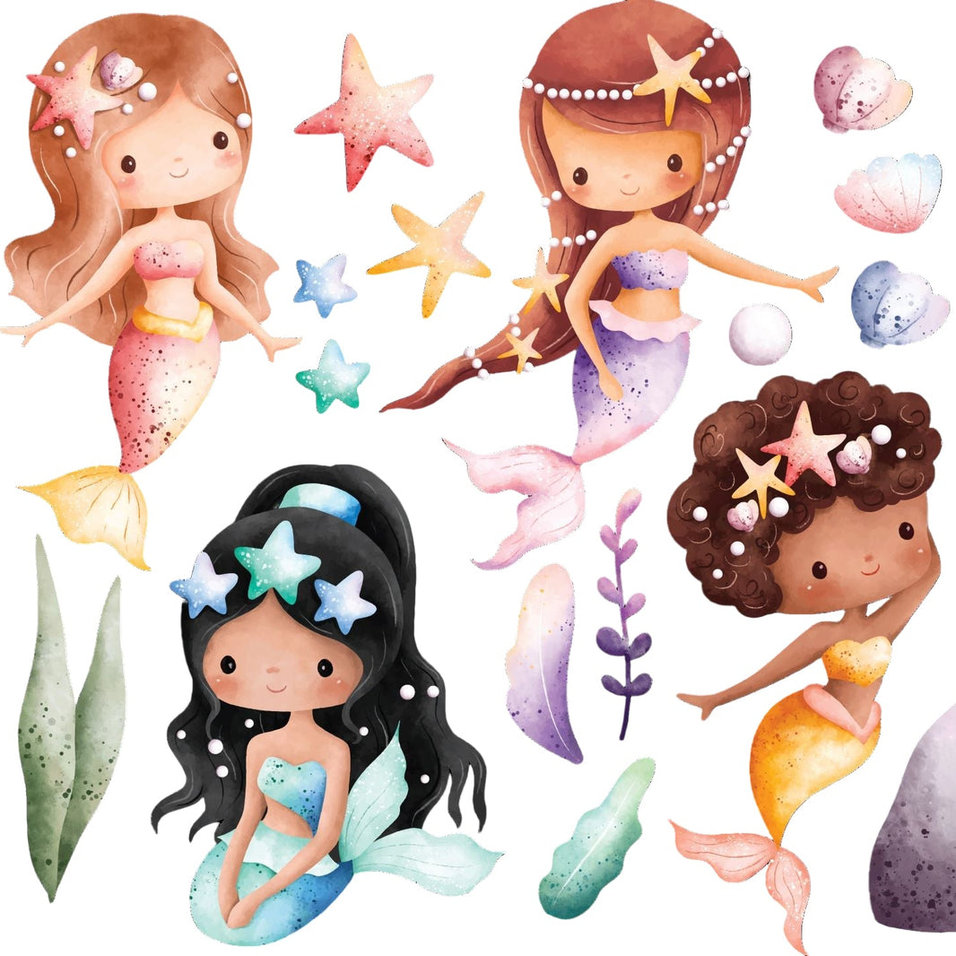 Mermaid reusable wall decal stickers of mermaids with starfish and seaweed on a white background