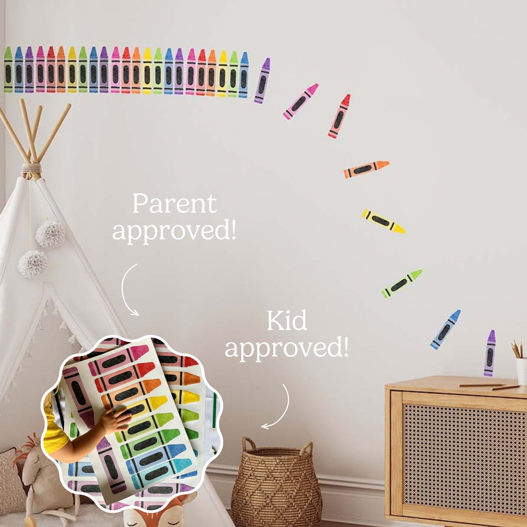 A set of colorful crayon-shaped wall decals arranged in a curved line on a light gray wall in a child's room. The image includes text overlays reading 'Parent approved!' and 'Kid approved!' plus a scalloped inset showing a hand holding a pack of the crayon crayons.