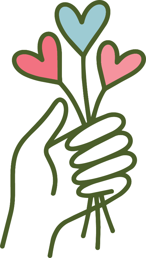 A minimalist line-art illustration of a hand holding three hearts of different colors: one light blue, one pink, and one dark pink, outlined in olive green.