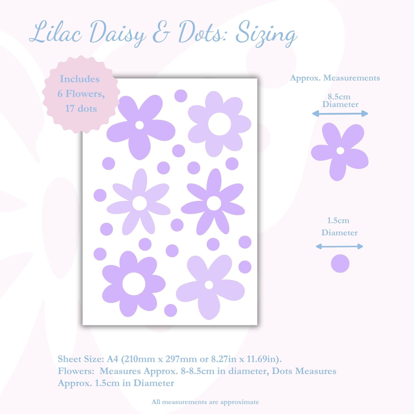 A sizing diagram for a Lilac Daisy & Dots reusable wall decal stickers sheet, showing a white A4 sheet with lavender flowers and dots, along with approximate measurements of 8.5cm diameter for the flowers and 1.