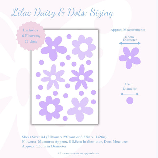 A sizing diagram for a Lilac Daisy & Dots reusable wall decal stickers sheet, showing a white A4 sheet with lavender flowers and dots, along with approximate measurements of 8.5cm diameter for the flowers and 1.