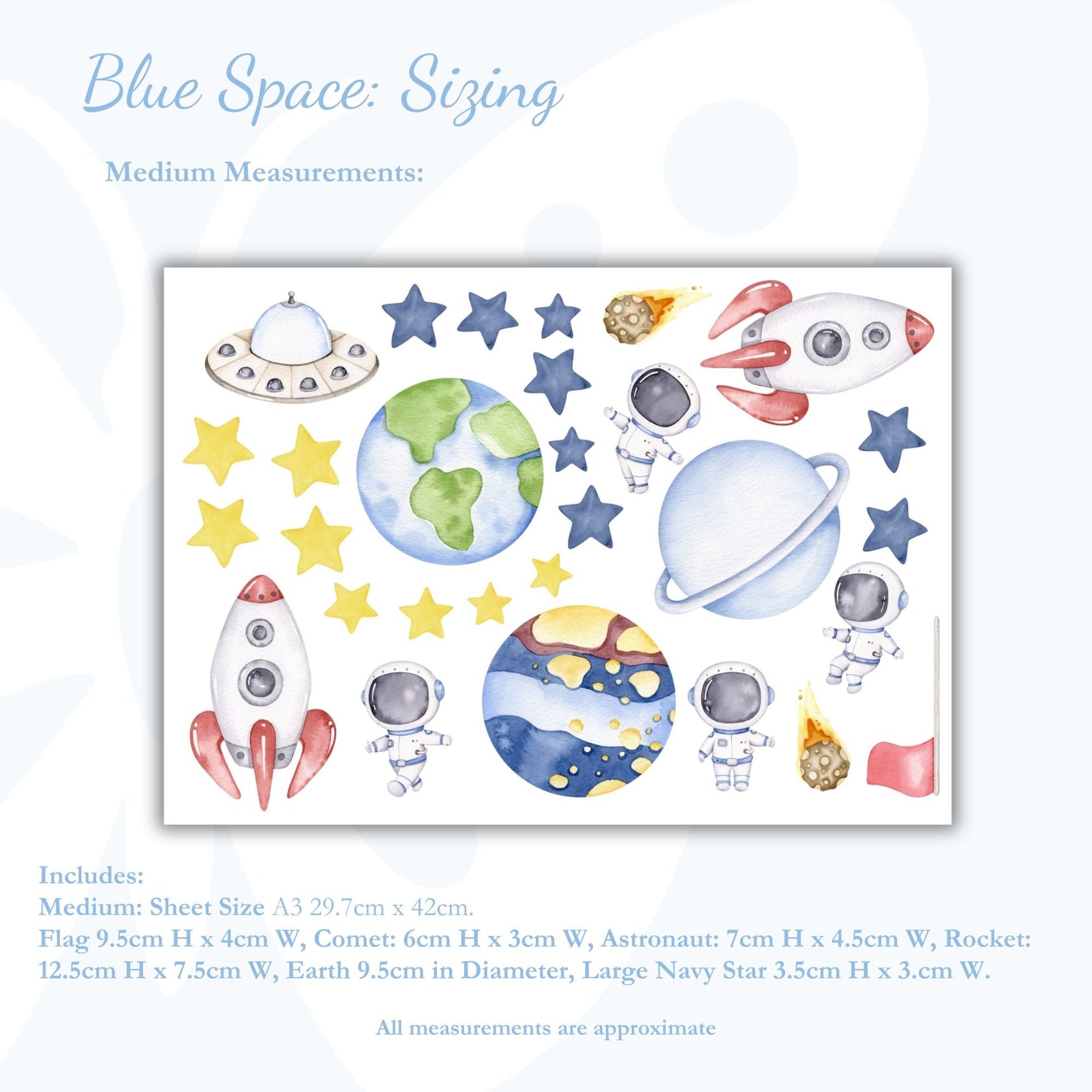 Space-themed wall stickers with measurements on a white background