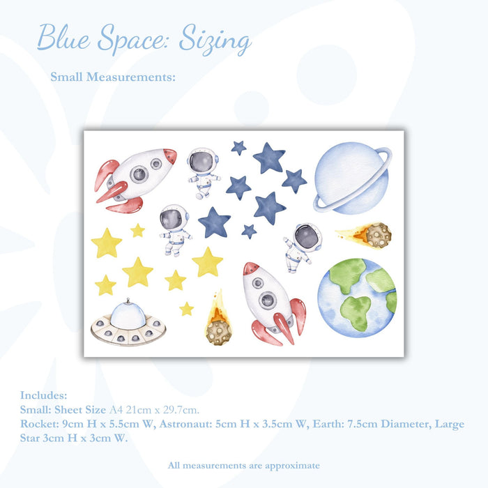 Space-themed wall stickers with measurements on a light blue background